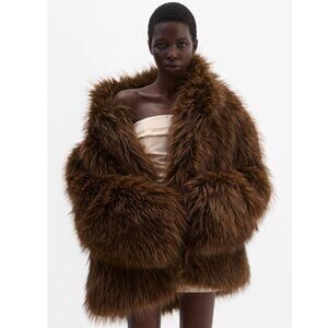 💋ABSOLUTELY STUNNING!💋LUXURIOUS VEGAN TIPPED FOX FUR CHUNKY COAT IN BROWN